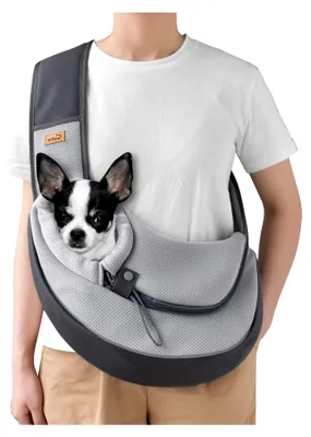 Produktbild von Hundetragetasche für Welpen, atmungsaktive Tragetasche mit Sicherheitsfronttasche, freihändige Mesh-Tasche mit verstellbarem Schultergurt für Outdoor und Reisen (Grau, L)