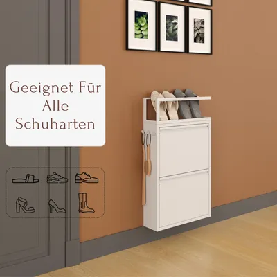 Produktbild von Furni24 Schuhschrank Schmal mit 2 Klappen, Pantoffelregal und Hakenleiste – Metall Schuhkipper Weiß