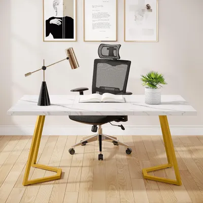 Produktbild von Schreibtisch Computertisch 140 x 80 cm Weiß Gold