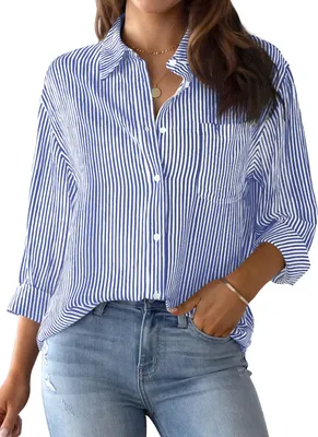 Image de ASKSA Femme Chemisier à rayures Chemises manches longues Chemises élégantes Chemises casual Travail Hauts Tops avec poche (Bleu,XL)