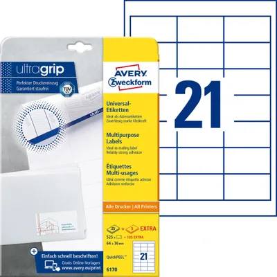 Immagine prodotto di Avery Zweckform® 6170 6170 Etichette universali ultragrip - 64 x 36 mm, bianco, 630 etichette, permanenti