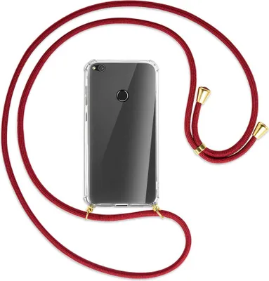 Produktbild von Handykette Backcover-Schutzhülle mit Band (Metall goldfarben) für Huawei P8 Lite / P9 Lite 2017 - dunkelrot