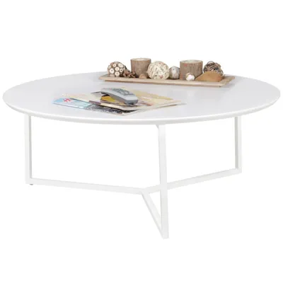Produktbild von Design Couchtisch MDF Holz weiß matt Gestell Metall ø 80 cm, Wohnzimmertisch lackiert Sofatisch modern, Kaffeetisch rund Loungetisch