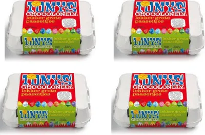 Produktbild von ony Chocolonely Schokoladen-Ostereier Box mit 12 Eiern in 10 Geschmacksrichtungen! Fairtrade 4 Stück/Box.