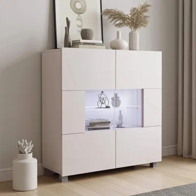 Produktbild von Kommode Amanda Kaschmir Matt mit Blauer LED – 100x107 cm Sideboard Beige