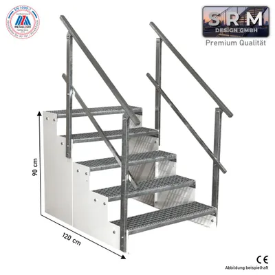 Produktbild von 5 Stufen Standtreppe Modell 2 Weiß, Breite 120 cm, Höhe 90 cm 2x Geländer Eckig