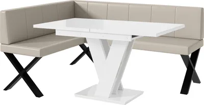 Produktbild von MEBLINI Eckbank für Esszimmer mit ausziehbarem Tisch - Küchenbank - Essecke - Sitzecke Küche - PETER - X-Beine 128x168x87cm Links - Beige Kunstleder/M Weiß Hochgl.
