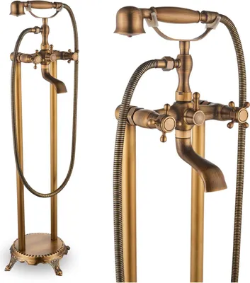Immagine prodotto di Rubinetto da vasca da bagno indipendente in stile retrò con doccetta e bocca girevole a 180°, montaggio a pavimento, ottone, cartuccia in Vetroceramica, bocca a cascata per vasca da bagno