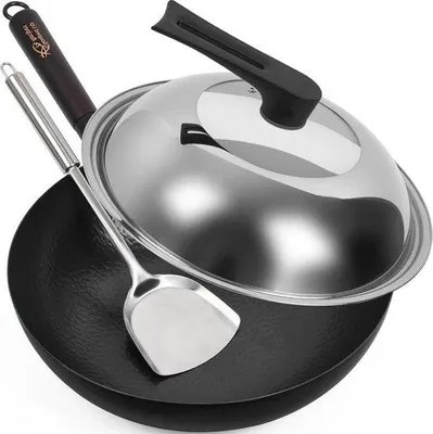 Zdjęcie produktu dla Wok ze stali nierdzewnej o średnicy 125 cm, do kuchenek indukcyjnych i gazowych, czarny, z pokrywką