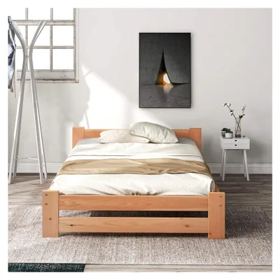 Produktbild von Massivholzbett Futonbett aus Naturholz mit Kopfteil und Lattenrost, Natur (90x200cm)