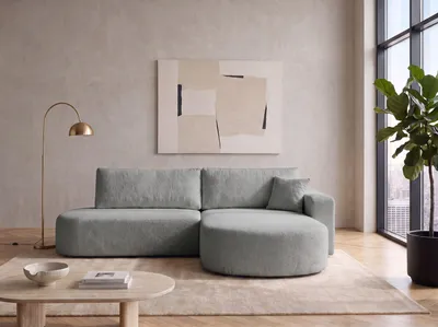 Produktbild von Ecksofa mit Schlaffunktion & Bettkasten OVO, Grau Bouclé-Stoff, Ottomane Rechts