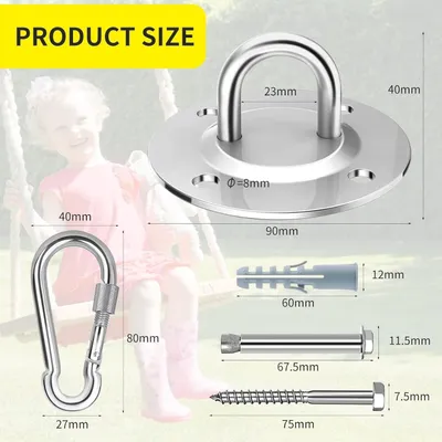 Obrázok produktu pre Závesný háčik 304 nehrdzavejúca oceľ, 400 kg, s 2 karabínami a 8 skrutkami, pre húpaciu sieť