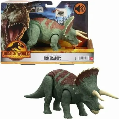Zdjęcie produktu dla Mattel HDX34 Jurassic World Dominion Triceratops Roar Strikers z dźwiękiem, dinozaur z atakiem ryku, zielono-brązowy, figurka dinozaura