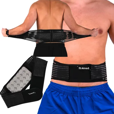 A collage of images showing a man wearing a black lumbar support belt, with close-ups of the belt itself.