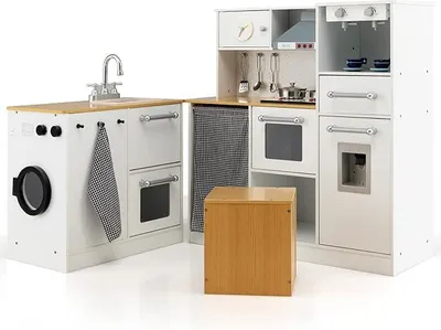 Imagen del producto de Cocina infantil con taburete y accesorios de juego, cocina de esquina con luces y sonidos, cocina de madera, juguete para niños a partir de 3 años