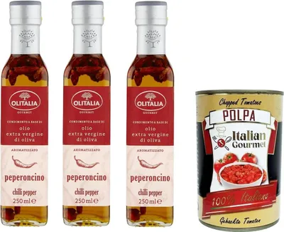 Produktbild von Olitalia Olio extra vergine di oliva al Peperoncino Extra natives Olivenöl mit Chilipfeffer 3x250 ml + Italian Gourmet polpa 400g