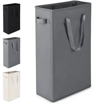 Image de Panier à linge pliable, design épuré, avec poignées, capacité de 45 litres, dimensions 39 x 19 x 61 cm, couleur gris foncé