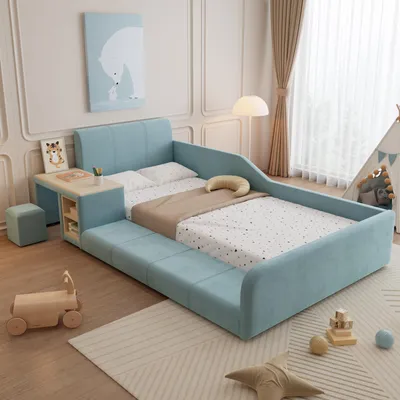 Produktbild von Polsterbett, Einzelbett mit Kinderschreibtisch und Hocker, Mit Ablageboden, Weiches Kopfteil, Kinderbett mit Holzlatten, Samt, Blau, 90x200cm