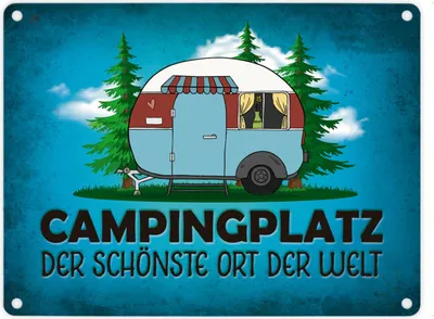 Produktbild von Campingplatz Metallschild in blau mit Wohnwagen Motiv Wohnmobil Urlaub Hobby Ort