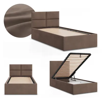 Produktbild von Einzelbett 90x200 Polsterbett BORGO mit Bettkasten, hochklappbarer Lattenrost, Stauraum,Braun