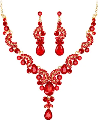 Produktbild von 1 Set Schmuckset Halskette Ohrringe r Strass Exquisite funkelnde farblich passende Anhänger Halskette Lange hängende Ohrringe Braut Hals Ohr Dekoration Schmuck