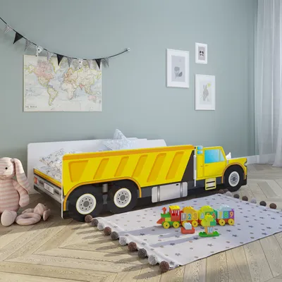 A child's bedroom with a truck-themed bed and toys.