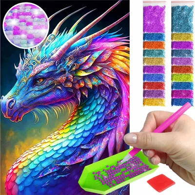 Produktbild von ARTULIO - Diamond Painting Set - Bunter Fantasy Drache - 60 x 40 cm - Groß XXL - AB Steine, AB Diamant - 5D Diamant Painting, Crystal Art