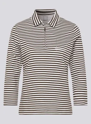 Produktbild von RABE Damen T-Shirt mit Polokragen, Reißverschluss, Ringel & Strass, Schoko, Gr. 44