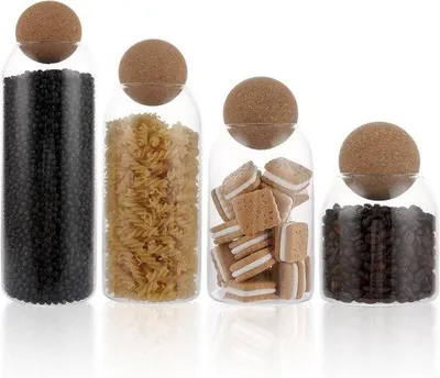 Produktbild von Gläserne Behälter-Set aus 4 Teilen – mit Korkverschluss – 500, 800, 1000 und 1300 ml – luftdichte Behälter für Küche, Kaffee, Zucker und Snacks