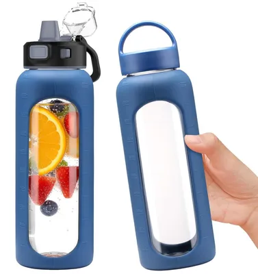 Obrázek produktu pro Skleněná láhev, objem 900 ml, 2 víčka, časová stupnice, bez BPA, vhodná pro sport