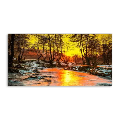 Produktbild von Coloray Glasbild 140x70  Wandbild Glasbilder Wald Baum Winter Fluss Natur Schnee