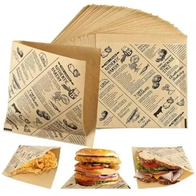 Produktbild von 100 Blatt Backpapier, Hamburgerpapier, Backpapier in Zeitungsoptik, Käsepapier, Lebensmittelverpackungspapier, Feinkostpapier für Sandwiches, Hamburger, Butterbrot, Käse, Pommes frites, 15 x 15 cm
