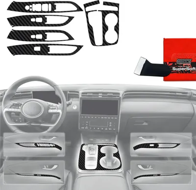 Obrázek produktu pro 5v1 ochranné fólie Grizz Protector pro středovou konzoli – Hyundai Tucson N-Line (2021–2024) karbonový vzhled, matný povrch, odolný proti otiskům prstů