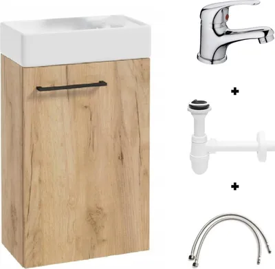 A vanity unit with a sink, faucet, and plumbing accessories displayed against a white background.