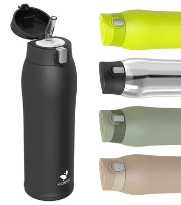 Image de Bouteille d'eau en acier inoxydable 18/8, capacité de 750 ml, étanche, avec paille, sans BPA, idéale pour l'école et le sport
