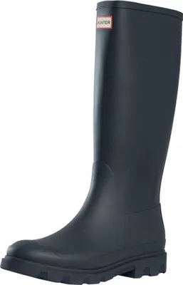 A single navy blue Hunter rain boot is shown against a white background.
