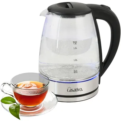 Produktbild von Edler Glas-Wasserkocher 1,8L mit blauem LED-Licht, Edelstahl, 2200W - Teekocher mit Abschaltautomatik & Trockenbetriebsschutz
