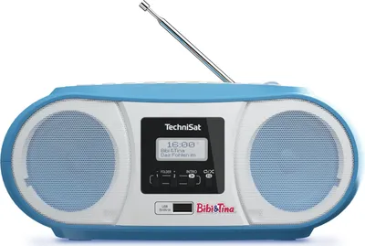 A blue and white TechniSat DIGITRADIO 1990 Bibi & Tina Edition stereo boombox with an extended antenna is shown against a white background.