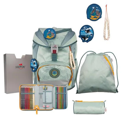 Productafbeelding van DerDieDas schooltas ErgoFlex Exklusiv Eco Schulranzenset 5-delig Grey Planet mintgroen