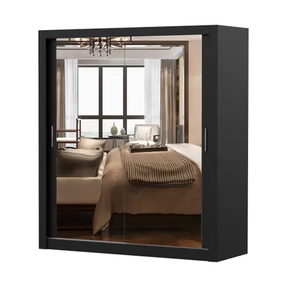 Produktbild von Schwebetürenschrank Kleiderschrank Schrank 180cm Schwarz/Schwarz mit zwei Spiegeln MILAN
