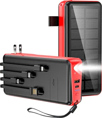 Image de Chargeur solaire 30000mAh Banque de puissance portable avec lampe de poche LED Intégré 4 câbles d'entrée Charge rapide Rouge