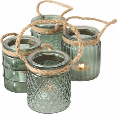 Glas Windlicht 9 cm transparent grün - 4er Set - Kerzenglas mit Kordel zum Hängen - Teelicht Kerzen Halter Tisch Deko Balkon Garten Wohnzimmer