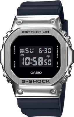 A digital watch with a silver metal bezel and a dark blue strap, displayed against a white background.