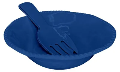 Produktbild von Salatschüssel und Salatbesteck aus Melamin, blau mit Kordelrand