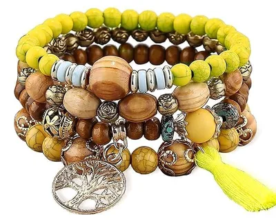 Productafbeelding van Boho-stijl armbanden van hout en kralen voor dames, set van 4, elastische armbanden met franjes, geschikt voor festivals