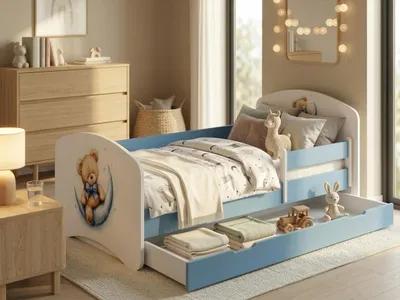Immagine prodotto di Lettino blu 140x70 completo di spondina di sicurezza, materasso e cassetto | Lettino sicuro per bambini piccoli con spazio contenitivo