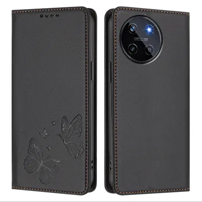 Produktbild von Lederhülle für Realme 11 4G, Schmetterling Prägung Leder Brieftasche Schutzhülle mit Ständer Schwarz