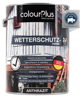 Produktbild von colourPlus Wetterschutzfarbe 2in1 2,5 l, Anthrazit seidenglänzend – Holzfarbe für außen & innen, wetterfest, wasserverdünnbar, deckend