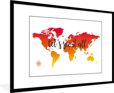 Produktbild von MuchoWow® Gerahmtes Poster Weltkarte - Sonnenuntergang - Kompass 90x60 cm - Poster mit Schwarzem Bilderrahmen Wandposter Rahmen Foto Bilder - Wanddekoration - Fotos