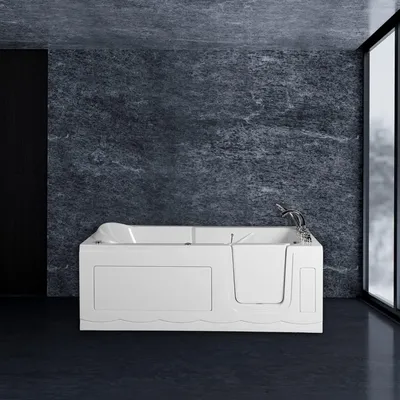 A white walk-in bathtub is shown in a modern bathroom with dark gray textured walls and a large window.